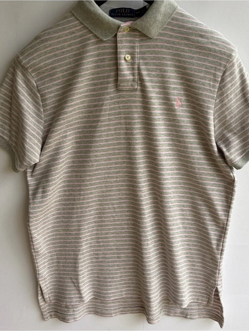 Polo Ralph Lauren Striped Polo Shirt Grey Pink Custom Fit Medium